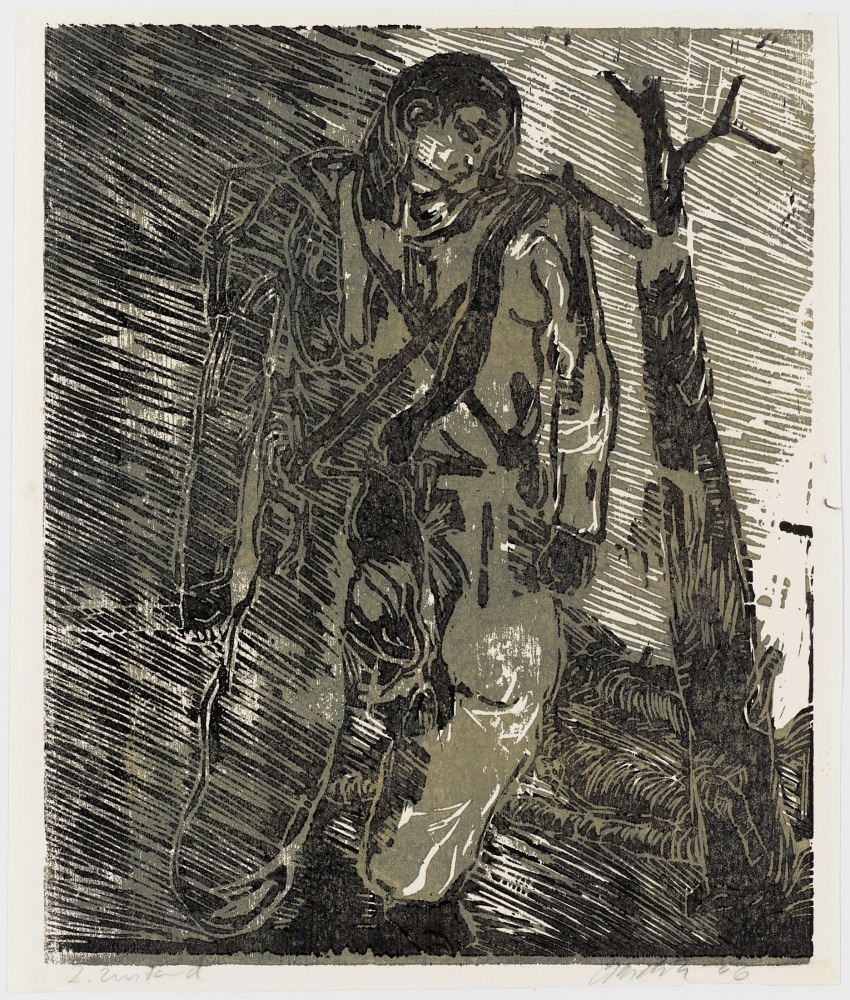 Georg Baselitz
Partisan, 1966
Signed/Dated: 2. Zustand [second state]; Baselitz 66
Woodcut in black/gray blue on endpaper
Image size: 14 3/8 x 11 3/4 inches (36.4 x 29.8 cm)
Paper size: 15 x 12 3/4 inches (38.1 x 32.9 cm)
Framed dimensions: 24 3/4 x 18 15/16 inches (62.9 x 48.1 cm)
&amp;copy; Georg Baselitz 2021
Photo: &amp;copy;&amp;nbsp;bernhardstrauss.com