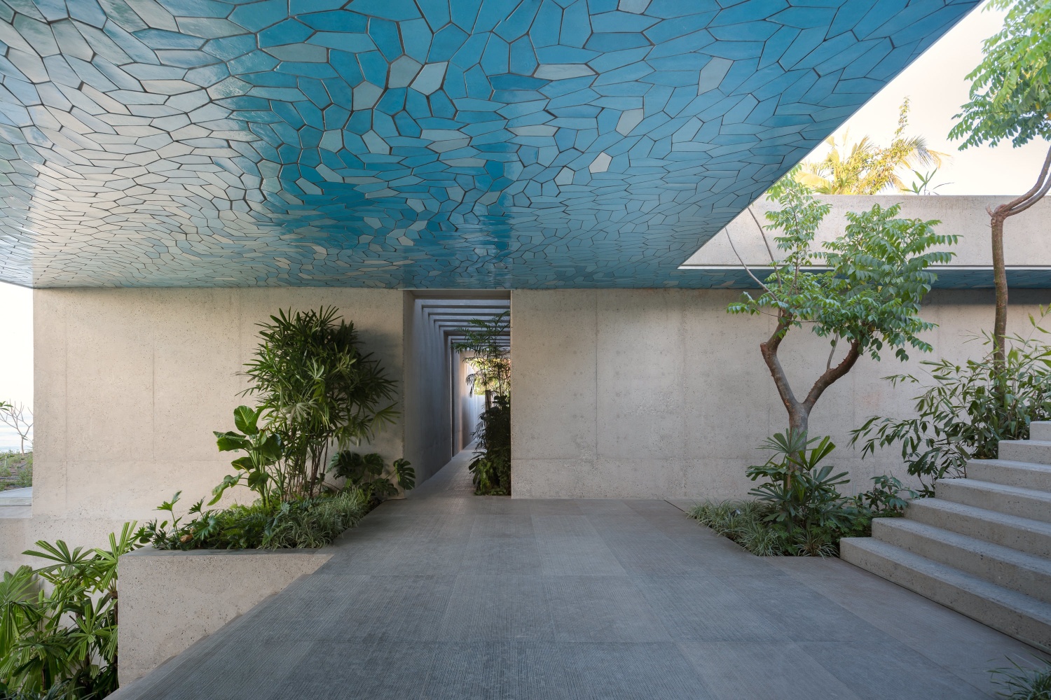 Sarah Crowner
Ceiling (Stretched Pentagons), 2022
Glazed terracotta tiles, plywood, aluminum, mortar, grout
Dimensions variable
Valhalla at Punta Mita, Mexico
Architecture by Tatiana Bilbao Studio
​​​​​​​Photography by Luis Gallardo / LGM Studio Mexico City