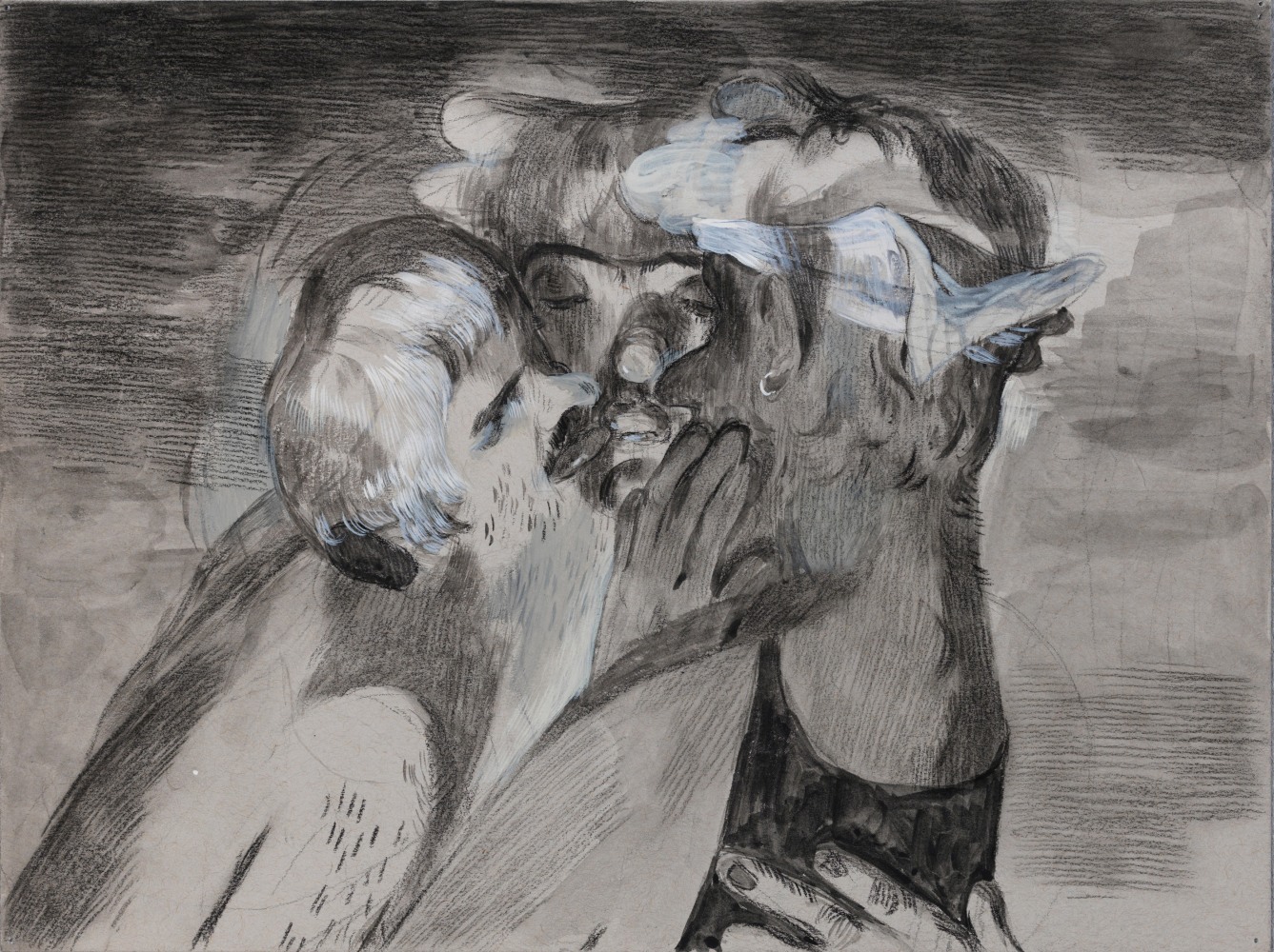 Salman Toor
Three Kissers, 2024
Charcoal, ink, and gouache on paper
9 x 12 inches
(22.9 x 30.5 cm)
Framed: 14 1/2 x 17 1/2 inches
(36.7 x 44.3 cm)