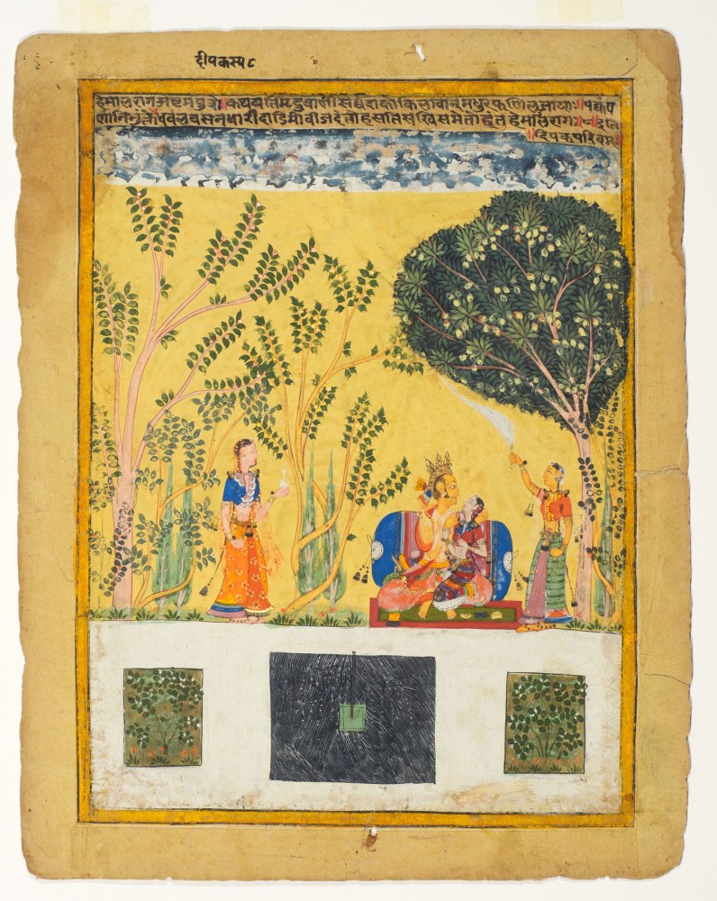 Hemala raga, eighth son of Dipak raga, 1630-50
From a dispersed Ragamala series, north Deccan
Opaque pigments and gold on paper
Folio: 13 1/8 x 10 5/8 inches (33.1 x 27 cm)
Painting: 11 3/8 x 8 7/8 inches (29.0 x 22.5 cm)