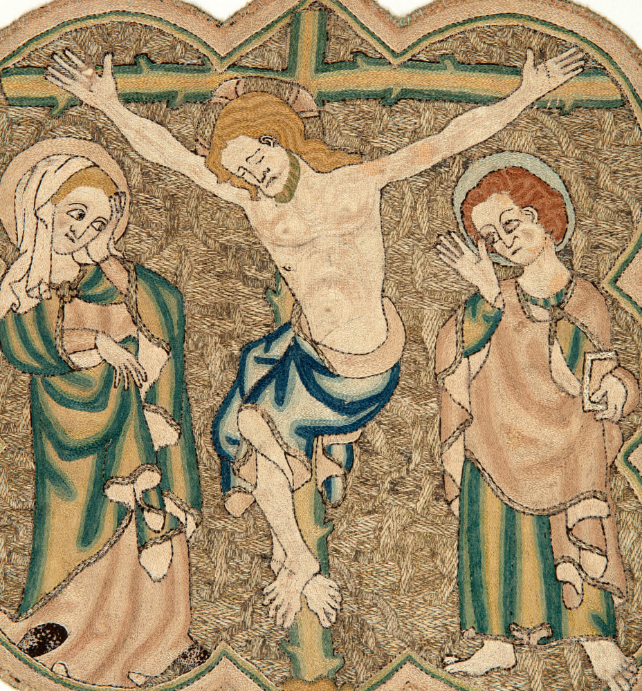 The Berkeley Purse; Opus Anglicanum: The Crucifixion and The Coronation of the Virgin, c. 1320-1330
England
Embroidery of silver-gilt thread and coloured silks on linen
Coronation: 10 x 10.1 inches (25.1 x 25.9 cm)
Crucifixion: 9.7 x 10.2 inches (24.7 x 26 cm)