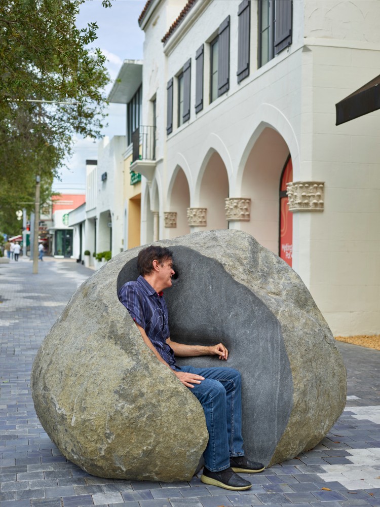 Janine Antoni
Whispering Through a Stone, 2025
18,210 pound carved granite boulder&amp;nbsp;
98 3/16 x 69 x 57 3/4 inches
Commissioned by the City of Coral Gables, FL
Photo: Daniel Portnoy