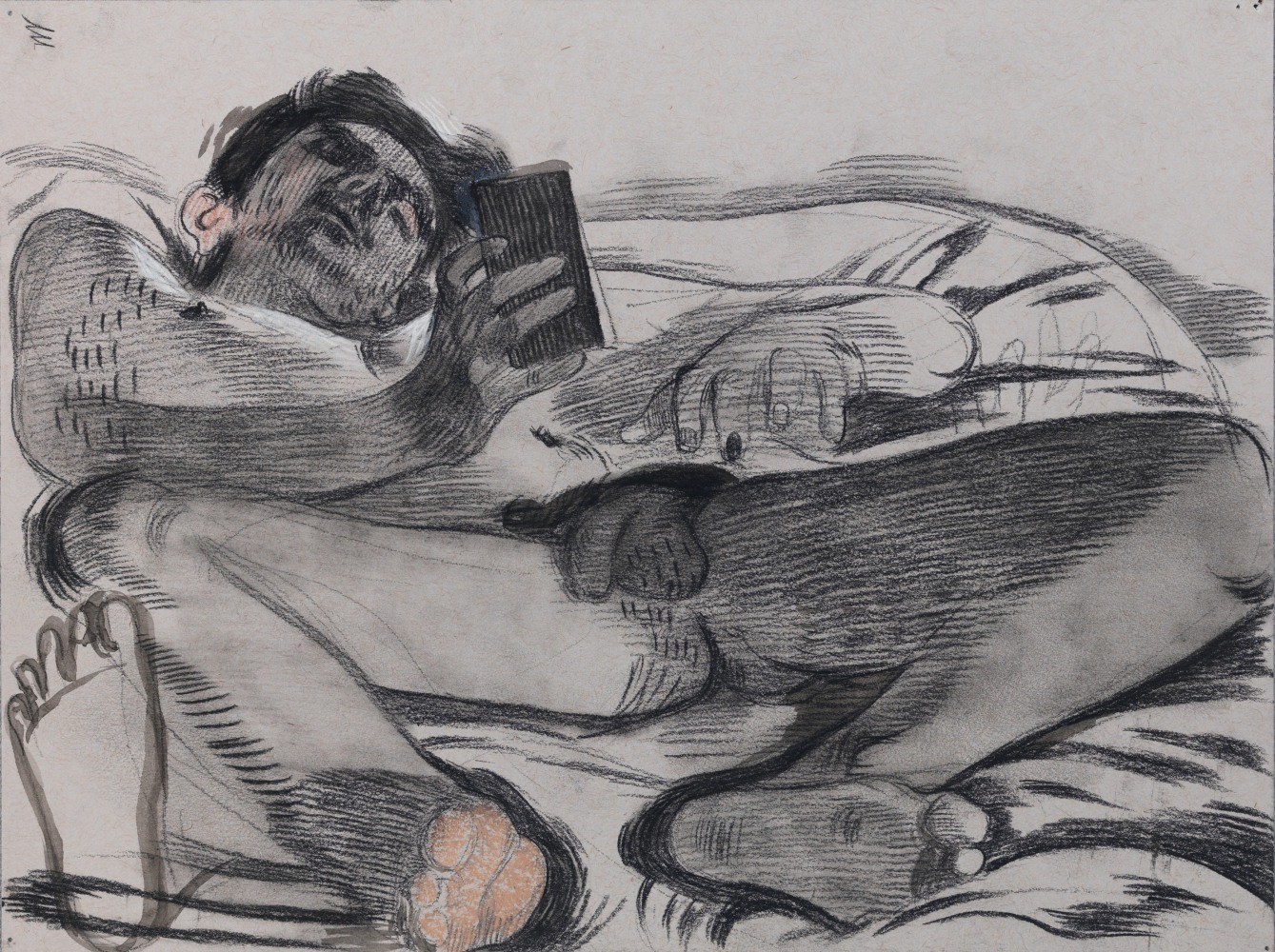 Salman Toor
The Scroller, 2024
Charcoal, pencil, and ink on paper
9 x 12 inches
(22.9 x 30.3 cm)
Framed: 14 1/2 x 17 1/2 inches
(36.8 x 44.3 cm)