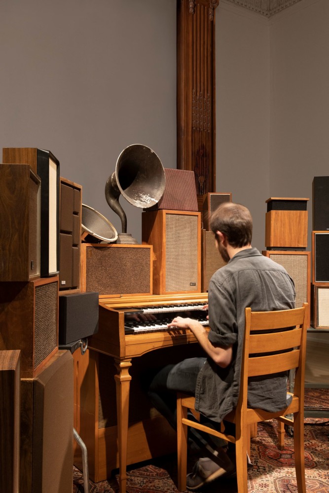 Janet Cardiff and George Bures Miller
The Poetry Machine,&amp;nbsp;2017
Interactive audio/mixed-media installation including organ, speakers, carpet, computer and electronics
Dimensions variable
Installation view,&amp;nbsp;Leonard Cohen: A Crack in Everything
April 12 &amp;ndash; September 8, 2019
The Jewish Museum, New York
Photo: Frederick Charles