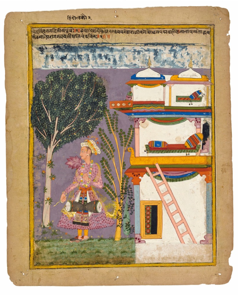 Chandrabimba raga, second son of Hindola raga
From a dispersed Ragamala series, north Deccan, 1630&amp;ndash;50
Opaque pigments and gold on paper
Folio: 13 1/8 x 10 3/4 inches (33.3 x 27.2 cm)
Painting: 11 3/8 x 8 7/8 inches (29.0 x 22.5 cm)