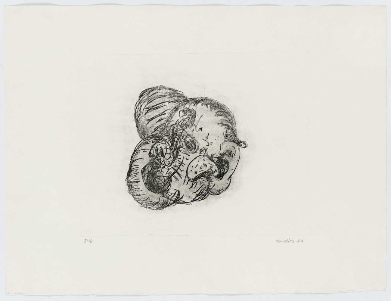 Georg Baselitz
Ohr [Ear], 1964
Signed/Dated: 5/20; Baselitz 64
Etching and soft-ground etching on zinc plate; on copper printing paper
Image size: 9 5/8 x 12 1/4 inches (24.4 x 31.1 cm)
Paper size: 15 1/2 x 20 3/8 inches (39.4 x 51.8 cm)
Framed dimensions: 18 7/8 x 24 3/4 inches (47.9 x 62.9 cm)
&amp;copy; Georg Baselitz 2021
Photo: &amp;copy;&amp;nbsp;bernhardstrauss.com