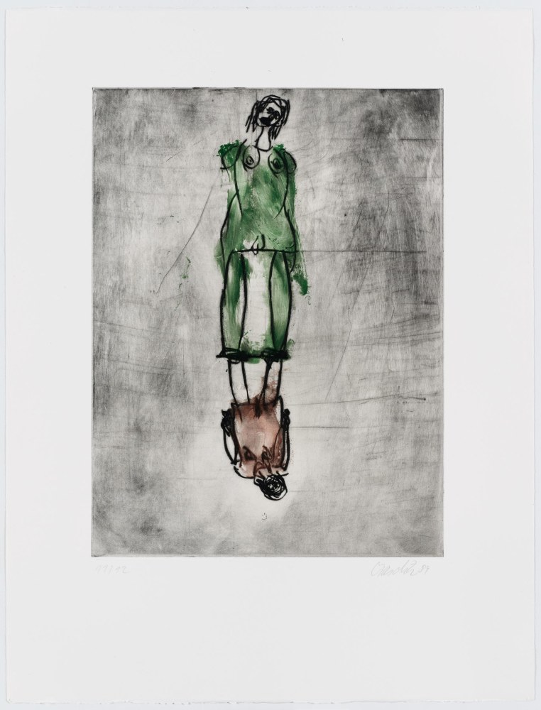 Georg Baselitz
Grünes Kleid (Green Dress), 1989
11/12
Baselitz 89
Cat. Rais. 614
Drypoint etching on stenciled background paper
26 x 19 3/4 inches
(66 x 50 cm)