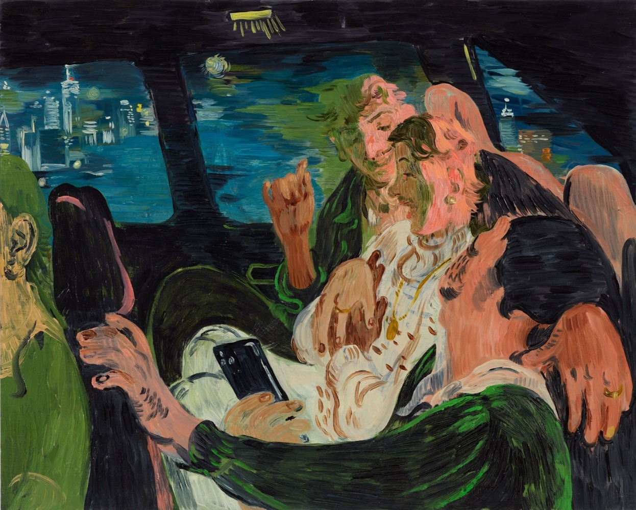 Salman Toor
Three Friends in a Cab, 2021
Oil on panel
16 x 20 inches
(40.6 x 50.8 cm)