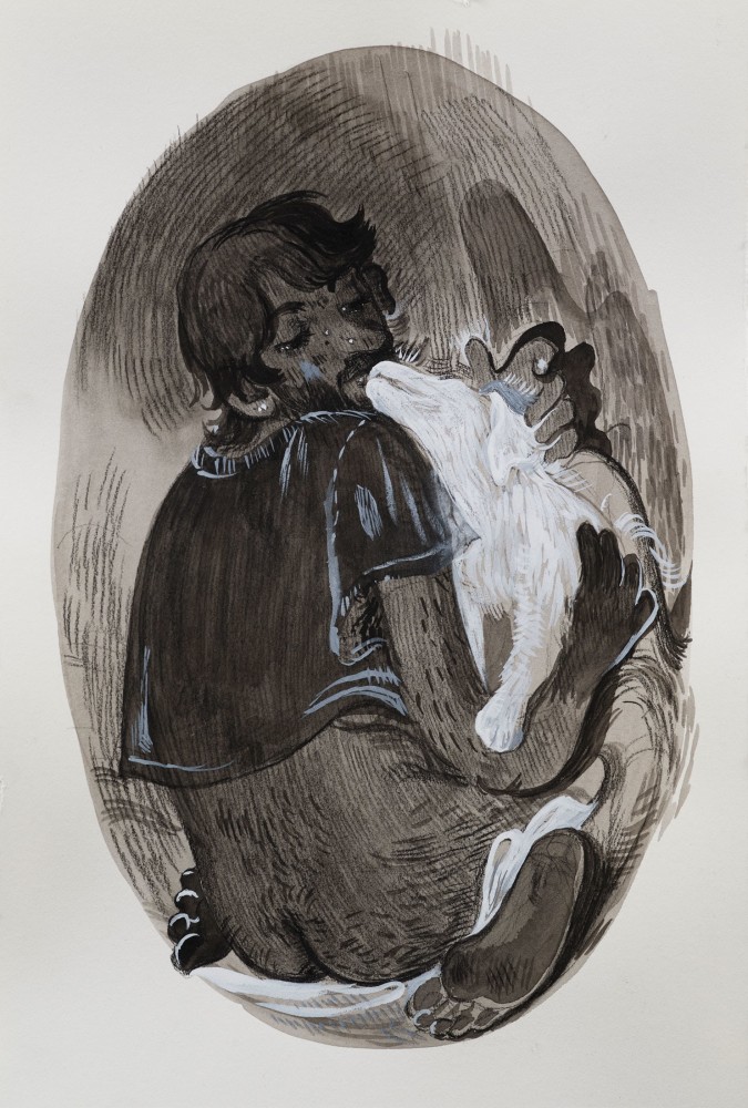 Salman Toor
Boy with Puppy, 2020
Charcoal, ink, and gouache on paper
9 1/2 x 6 3/8 inches
(24.1 x 16.2 cm)