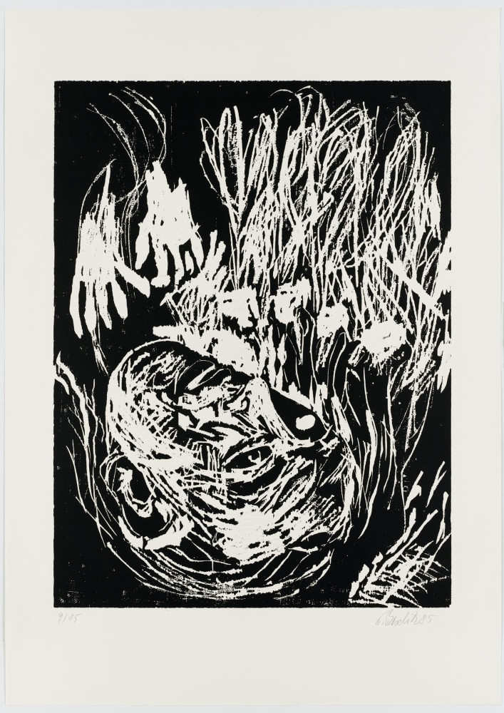 Georg Baselitz
Ohne Akkordeon II [Knopfauge] (Without&amp;nbsp;Accordion II [Button Eye]), 1985
9/15
G. Baselitz 85
Cat. Rais. 496
Woodcut on paper
33 3/4 x 24 1/8 inches
(85.8 x 61.2 cm)