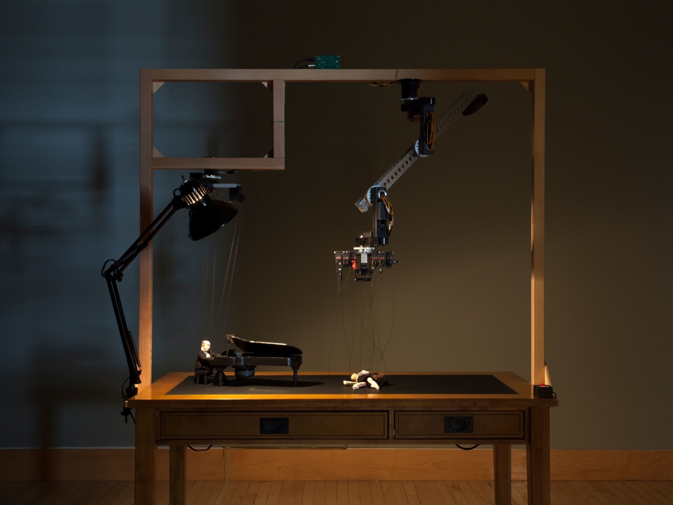 Janet Cardiff and George Bures Miller
Sad Waltz and the Dancer who couldn&amp;#39;t dance, 2015
Mixed media installation including wooden desk, marionettes, robotics, audio, and lighting
Duration: Approximately 4 minutes, looped
55 1/16 x 27 1/2 x 62 15/16 inches
(140 x 70 x 160 cm)
Installation view,&amp;nbsp;THE POETRY MACHINE &amp;amp; Other Works
May 3 &amp;ndash;&amp;nbsp;July 5, 2018
Fraenkel Gallery, San Francisco
