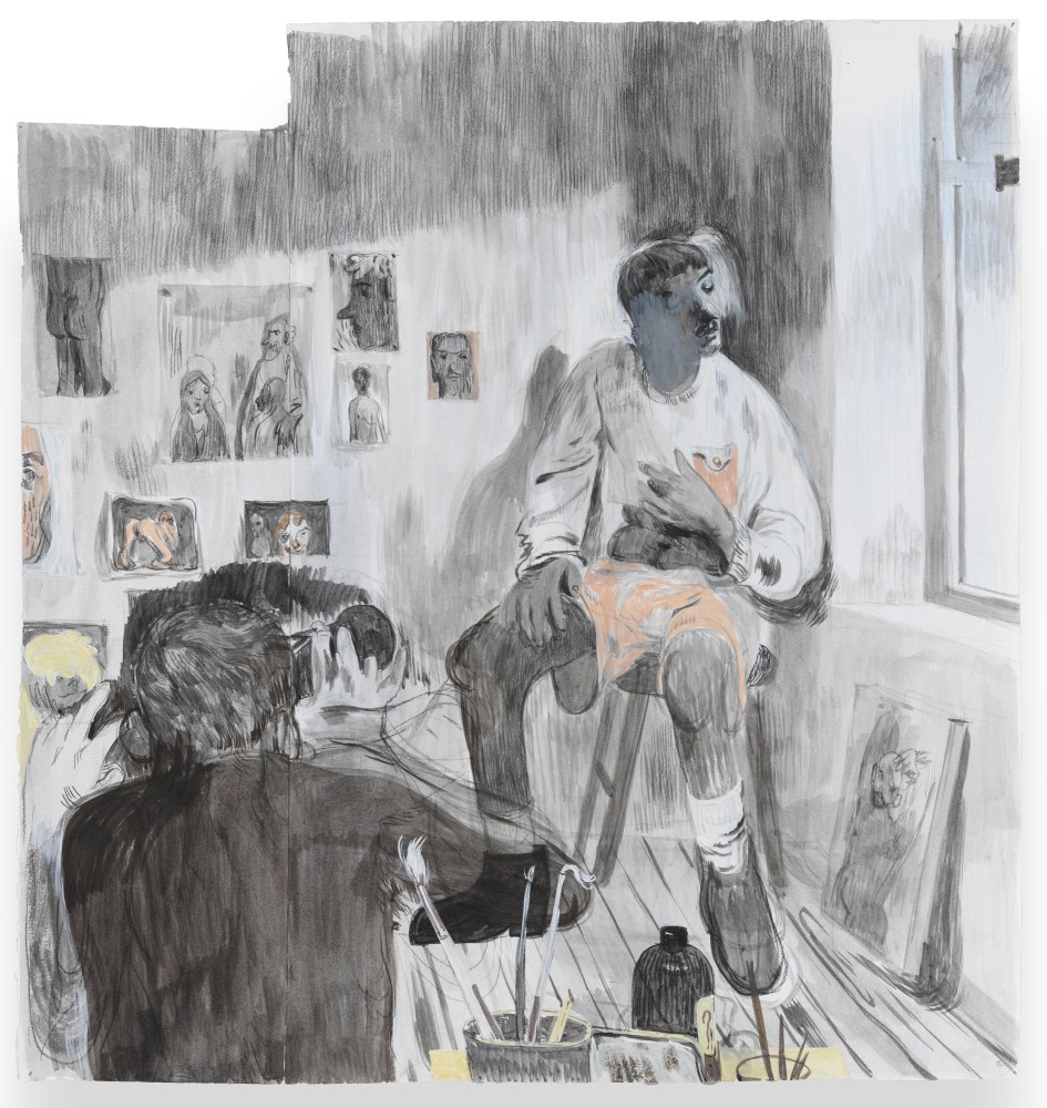 Salman Toor
The Artist I, 2024
Charcoal, ink, and gouache on paper
20 x 19 1/8 inches
(50.8 x 48.6 cm)
Framed: 23 x 22 1/8 inches
(58.4 x 56.2 cm)