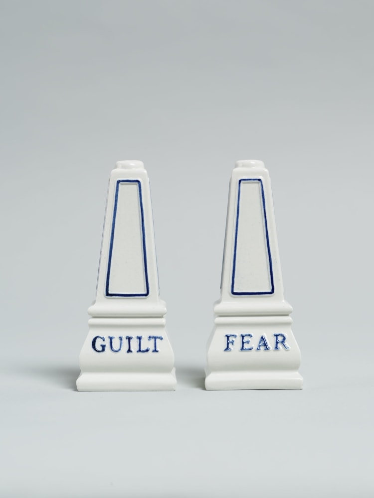 Ragnar Kjartansson
Guilt and Fear, 2022
Set of porcelain salt and pepper shakers
5 1/4 x 2 1/8 x 2 1/8 inches (13.3 x 5.4 x 5.4 cm) (each)