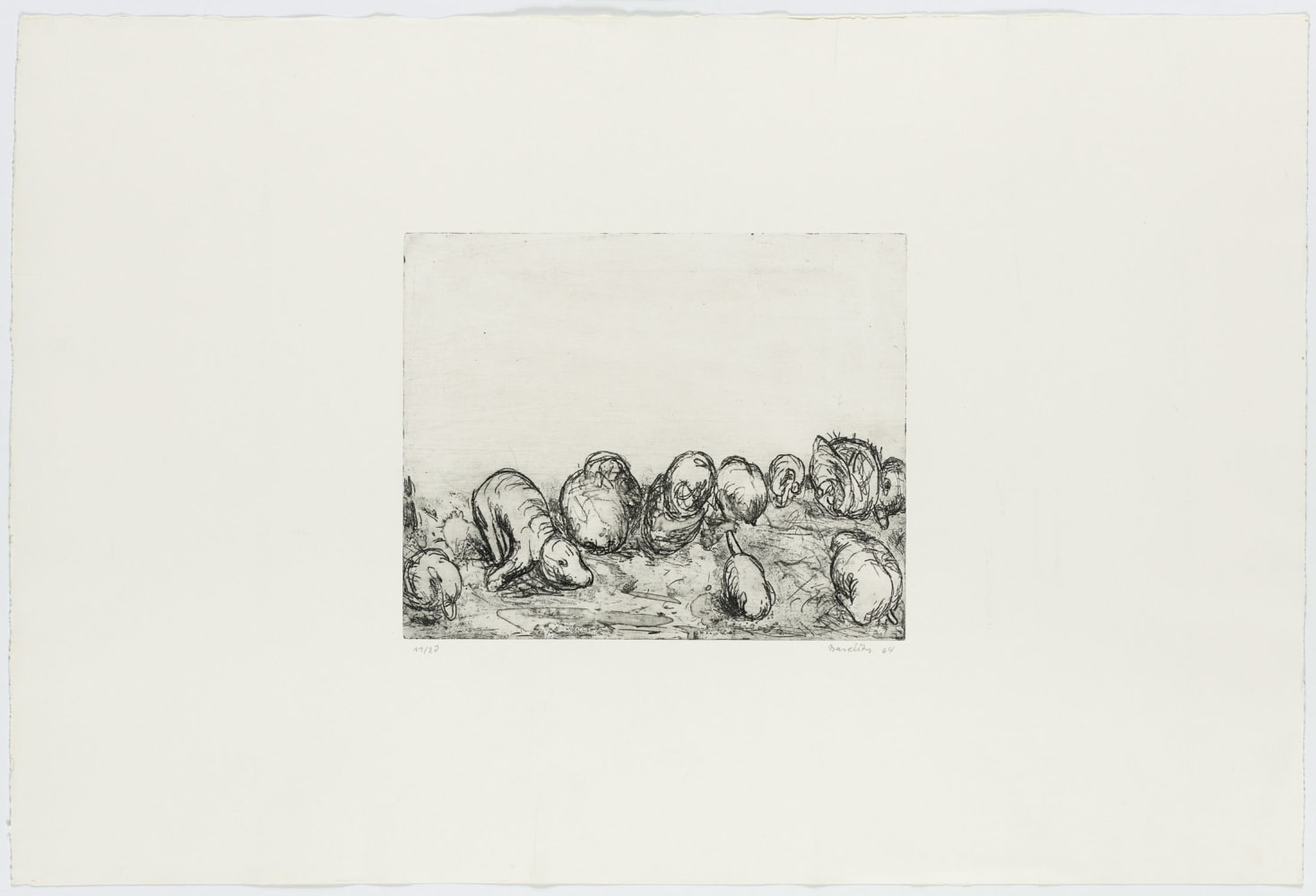 Georg Baselitz
Heulende Hunde [Howling Dogs], 1964
Signed/Dated: 11/20; Baselitz 64
Etching and soft-ground etching on zinc plate; on copper printing paper
Image size: 9 3/4 x 12 inches (24.8 x 30.5 cm)
Paper size: 20 7/8 x 31 inches (53 x 78.7 cm)
Framed dimensions: 24 13/16 x 36 1/2 inches (63 x 92.7 cm)
&amp;copy; Georg Baselitz 2021
Photo: &amp;copy;&amp;nbsp;bernhardstrauss.com
