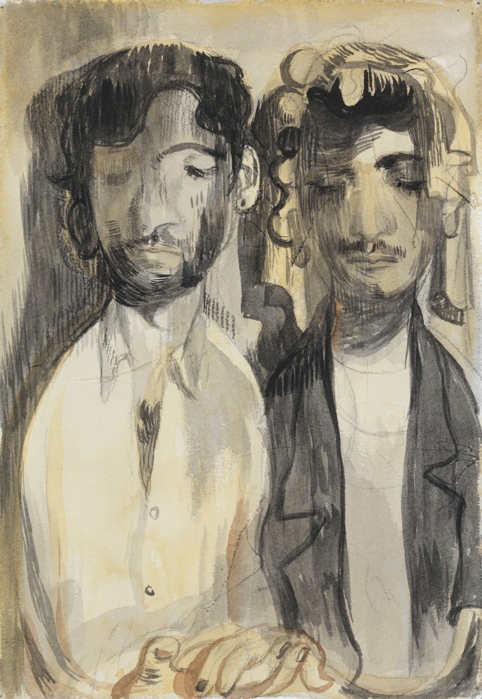Salman Toor
Solemn Couple, 2024
Charcoal, ink, and gouache on paper
10 1/4 x 7 1/8 inches
(26 x 18.1 cm)
Framed: 15 3/4 x 12 5/8 inches
(40 x 31.9 cm)
