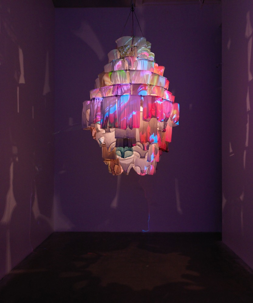 Pipilotti Rist
Massachusetts Chandelier, 2010
2 projections on chandelier of previously worn and cleaned underpants, 2 flashcard players, 1 translucent light bulb
98 1/2 x 66 inches
(250.19 x 167.64 cm)
Installation view,&amp;nbsp;Pixel Forest
October 26, 2016 &amp;ndash; January 15, 2017
New Museum, New York
