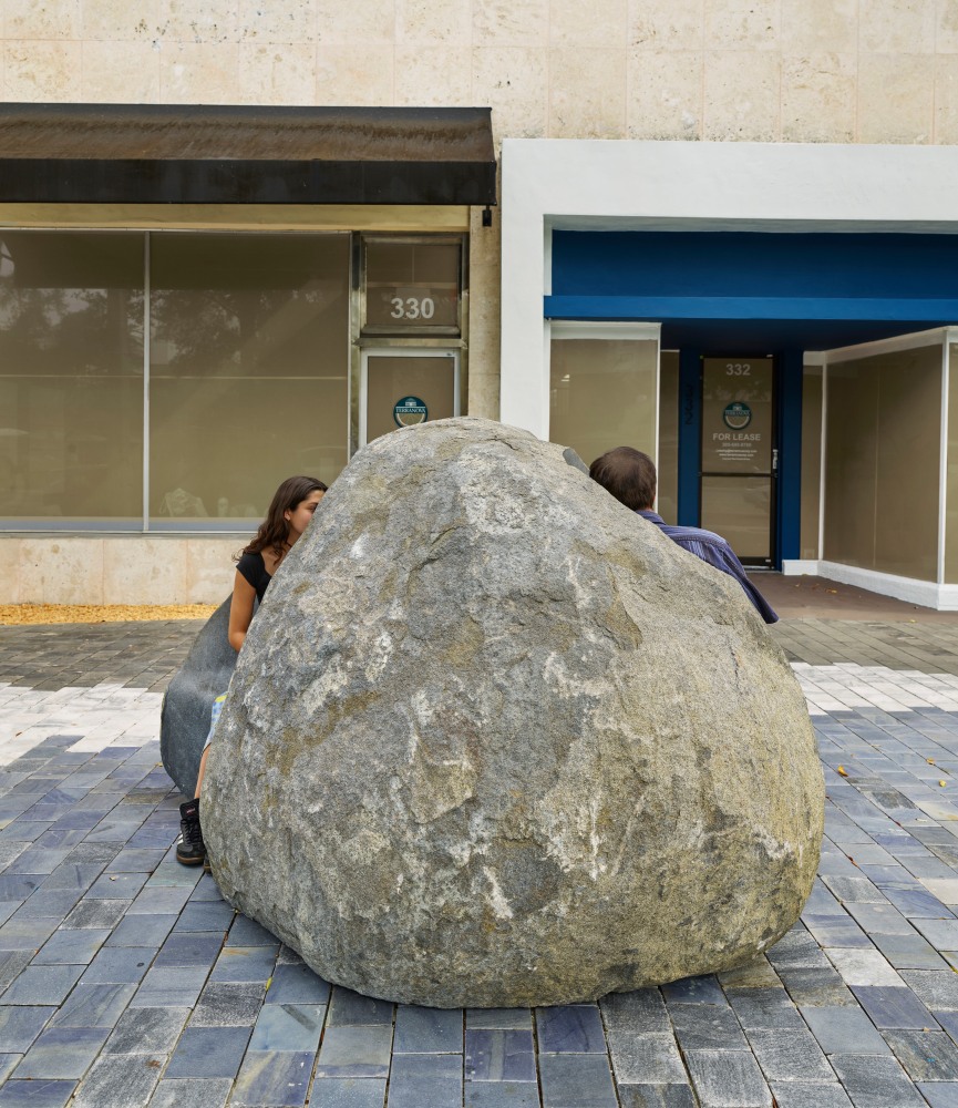 Janine Antoni
Whispering Through a Stone, 2025
18,210 pound carved granite boulder&amp;nbsp;
98 3/16 x 69 x 57 3/4 inches
Commissioned by the City of Coral Gables, FL
Photo: Daniel Portnoy