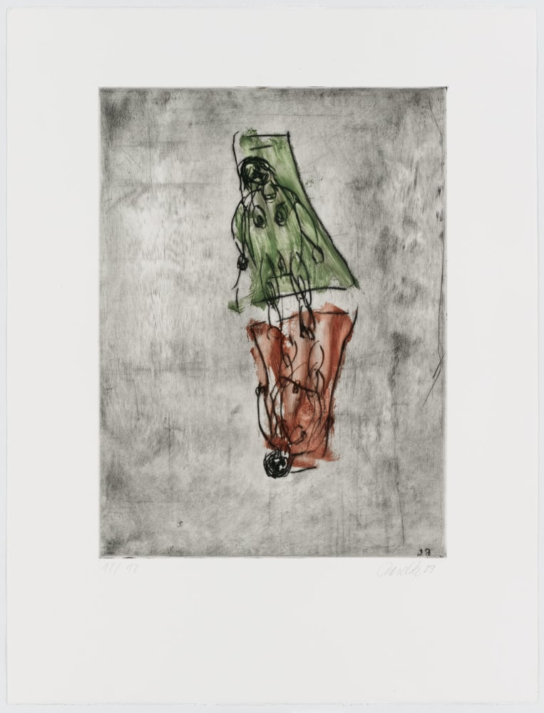 Georg Baselitz
Rot - Grün (Red - Green), 1989
12/12
Baselitz 89
Cat. Rais. 618
Drypoint etching on stenciled background paper
26 x 19 3/4 inches
(66 x 50 cm)