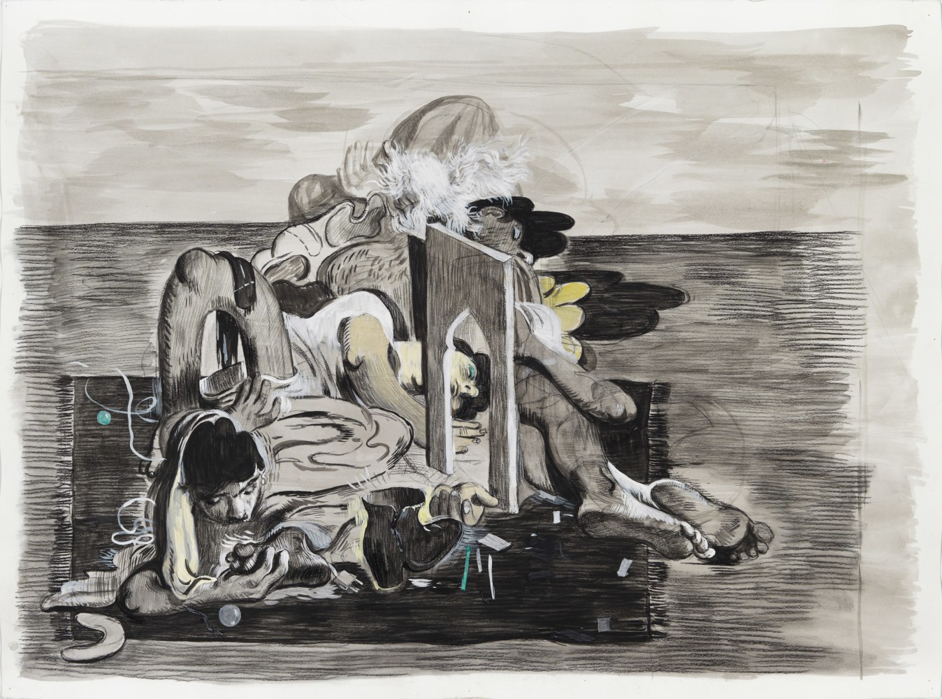 Salman Toor
Fag Puddle with Arch and Debris, 2024
Charcoal, ink, and gouache on paper
22 1/4 x 29 7/8 inches
(56.5 x 75.9 cm)
Framed: 25 1/4 x 32 7/8 inches
(64.1 x 83.5 cm)
