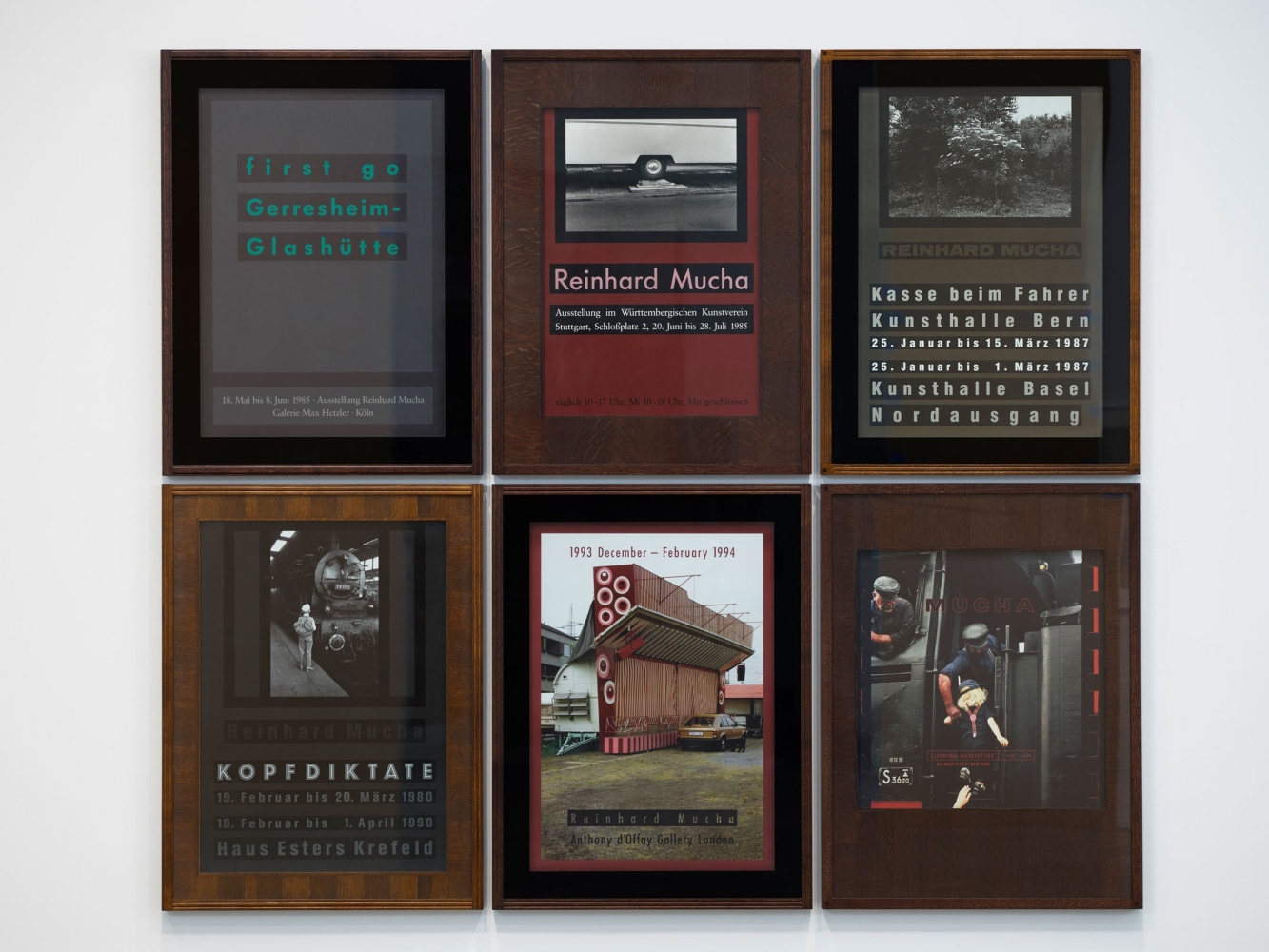 Reinhard Mucha

BBK-SL-KNY-Edition, 1990, 1999

Polyptych, six parts

Edition of&amp;nbsp;12 and&amp;nbsp;3 artist&amp;#39;s&amp;nbsp;proofs

&amp;nbsp;

Profiled solid wood stained and varnished (frame), float glass, alkyd enamel painted on reverse of glass, blockboard veneered, stained and varnished (mat), offset print on fine art

paper, Iris Gicl&amp;eacute;e print on deckle edged paper

Four parts: 45.43 x 34.17 x 2.28 inches (115.4 x 86.8 x 5.8 cm)

Two parts: 45.43 x 34.17 x 2.44 inches (115.4 x 86.8 x 6.2 cm)

Overall dimensions: 91.65 x 103.46 x 2.44 inches (232.8 x 262.8 x 6.2 cm)