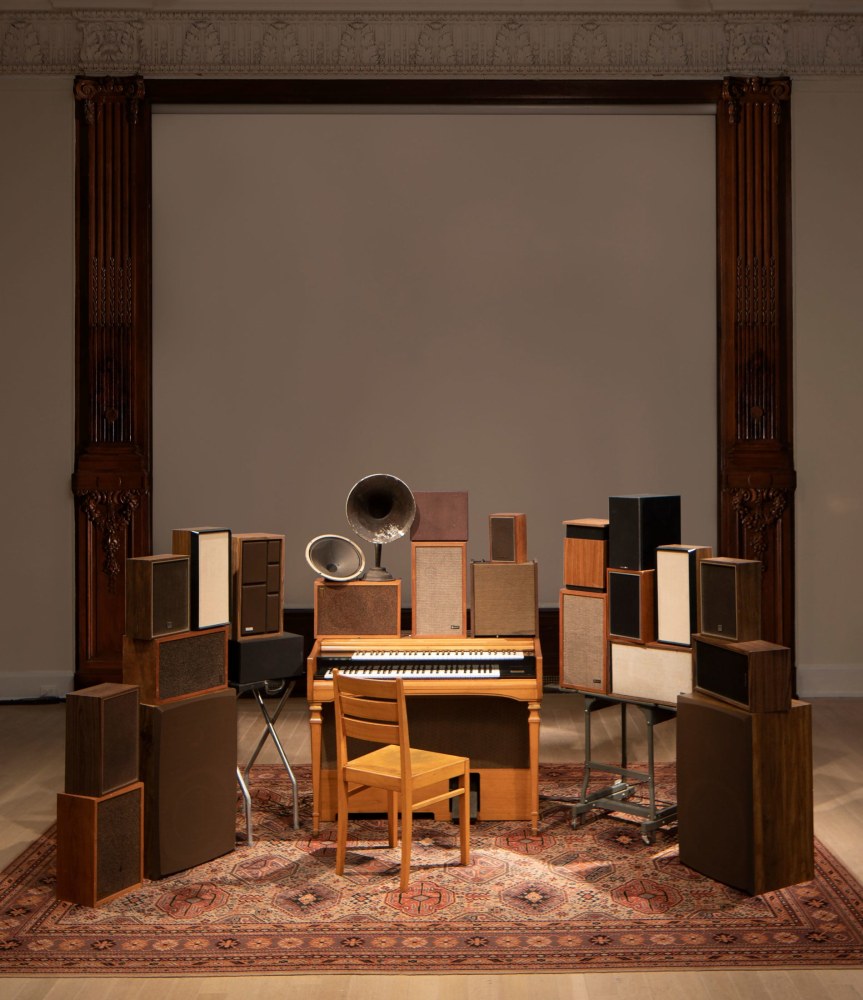 Janet Cardiff and George Bures Miller
The Poetry Machine,&amp;nbsp;2017
Interactive audio/mixed-media installation including organ, speakers, carpet, computer and electronics
Dimensions variable
Installation view,&amp;nbsp;Leonard Cohen: A Crack in Everything
April 12 &amp;ndash; September 8, 2019
The Jewish Museum, New York
Photo: Frederick Charles
