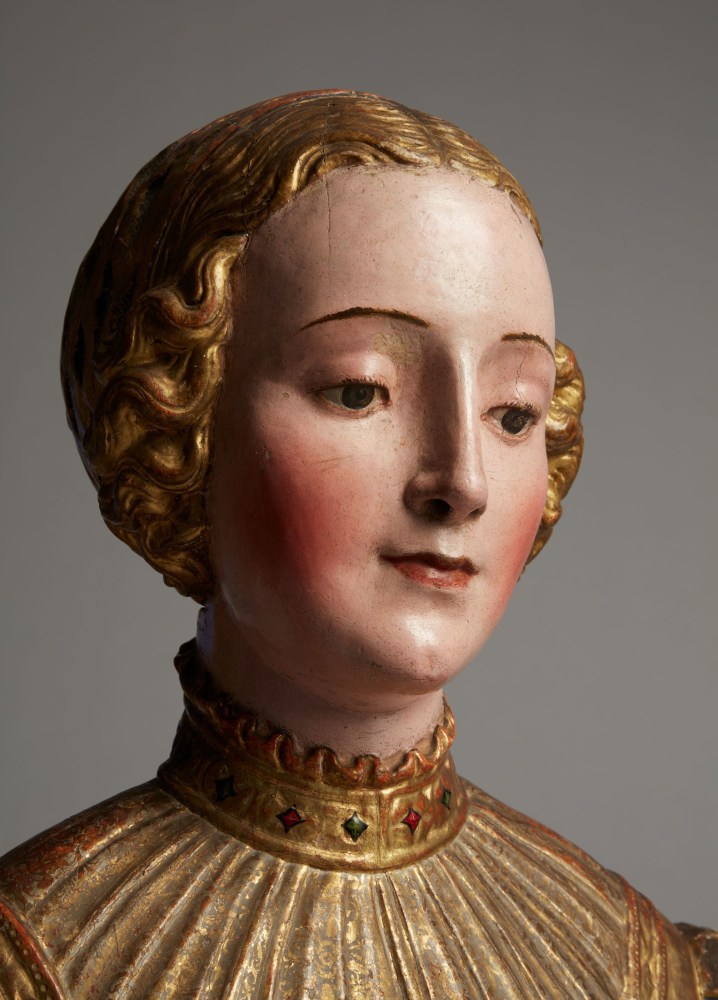 Reliquary bust with a hair net, c. 1520-40
Southern Netherlands or Belgium
Polychromed wood, some minor losses to polychrome, consolidated expansion crack on the back and consolidation of minor crack on the hair net
18 1/2 x 16 1/8 x 7 7/8 inches
(47 x 41 x 20 cm)