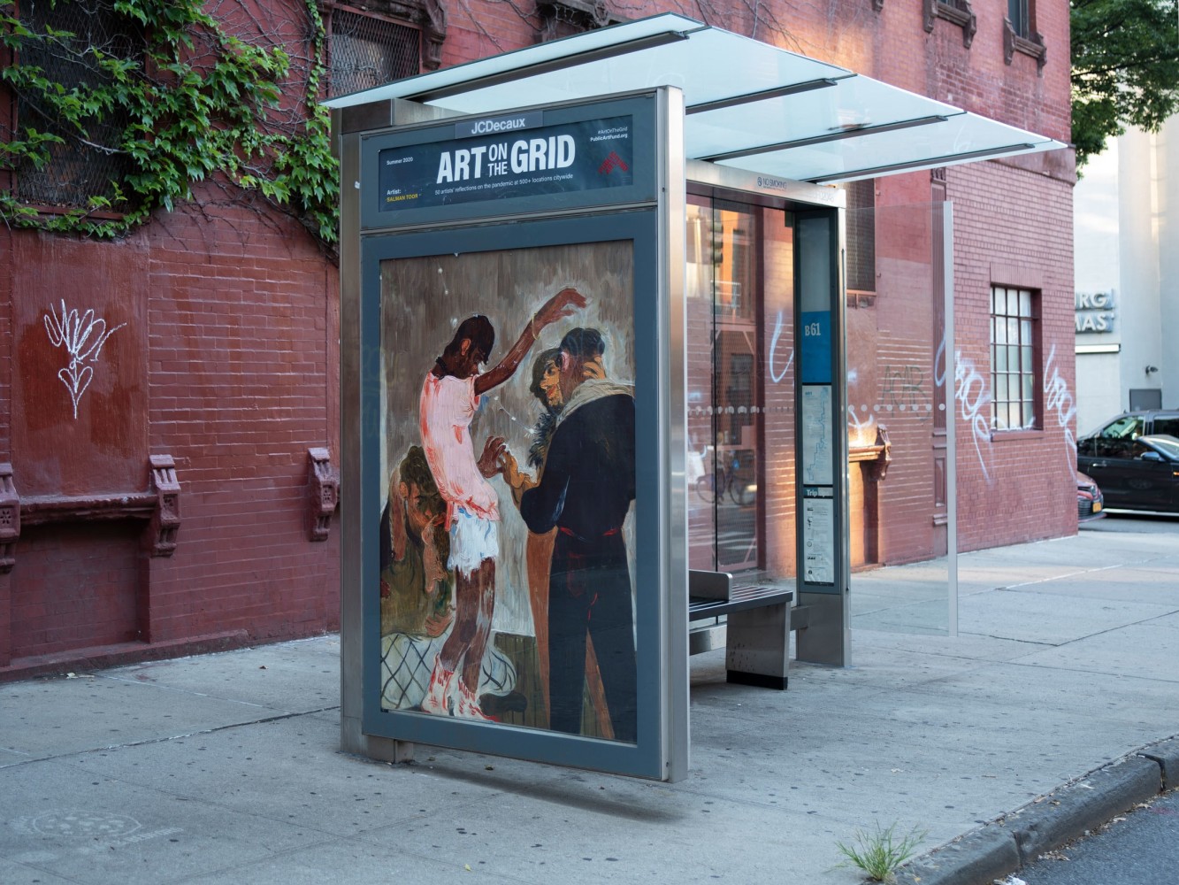 Salman Toor
Downtown Boys, 2020
Driggs Ave&amp;nbsp;between&amp;nbsp;Grand St&amp;nbsp;&amp;amp; S 1 St, Brooklyn
Photographic work as a part of&amp;nbsp;Art on the Grid, presented by Public Art Fund on JCDecaux bus shelters citywide
June 29, 2020 &amp;ndash; September 20, 2020