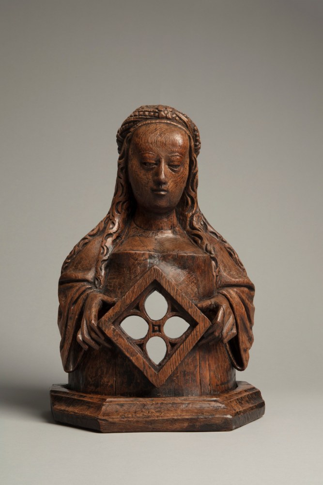 Reliquary bust of a female saint, c. 1500-1510
Southern Netherlands, perhaps Limburg
Oak
15 3/8 x 11 x 5 1/4 inches
(39 x 28 x 13.5 cm)