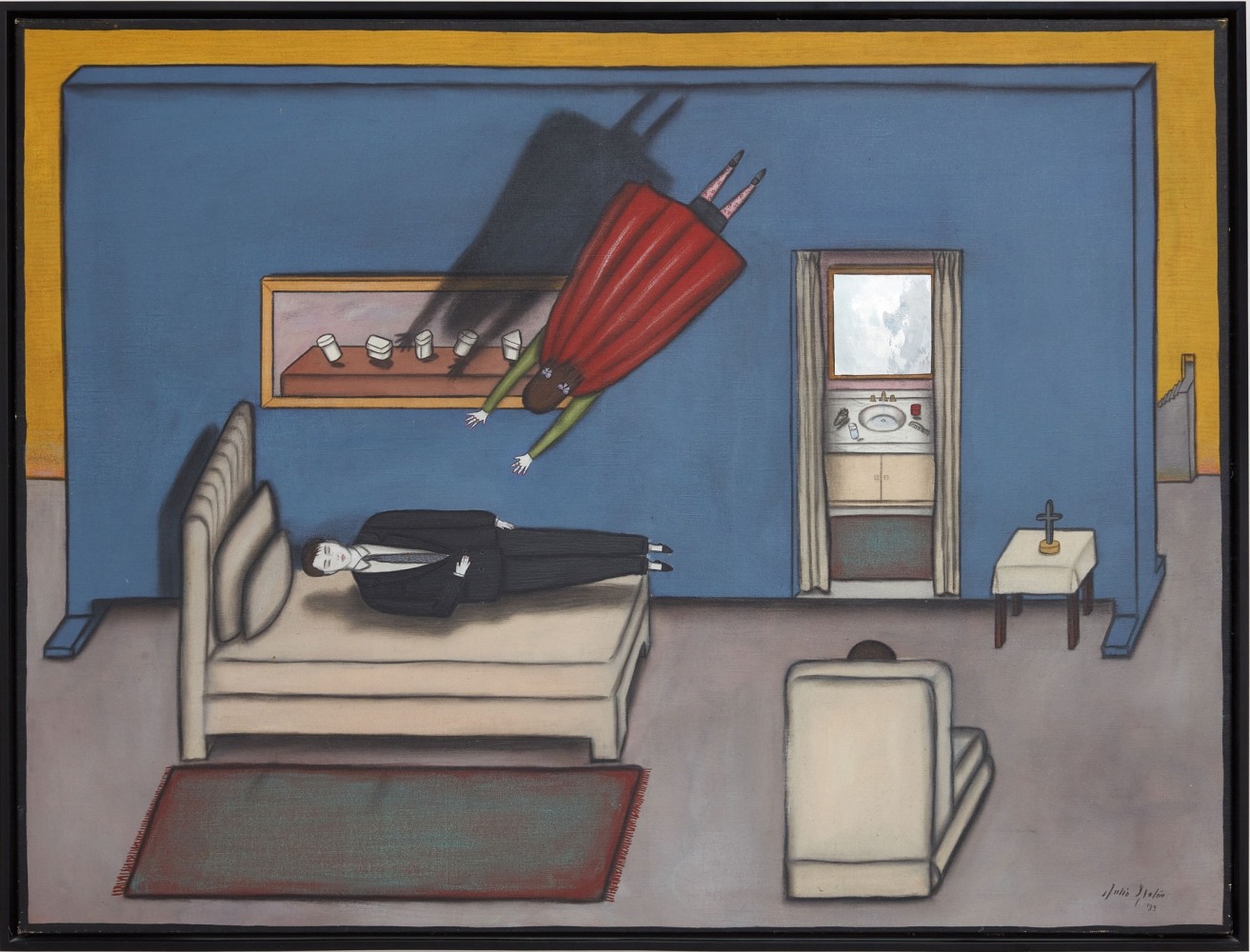 Julio Gal&amp;aacute;n
Esperando la llegada, 1983
Oil and mirror paper on canvas
35 3/4 x 47 1/4 inches
(90.8 x 120 cm)