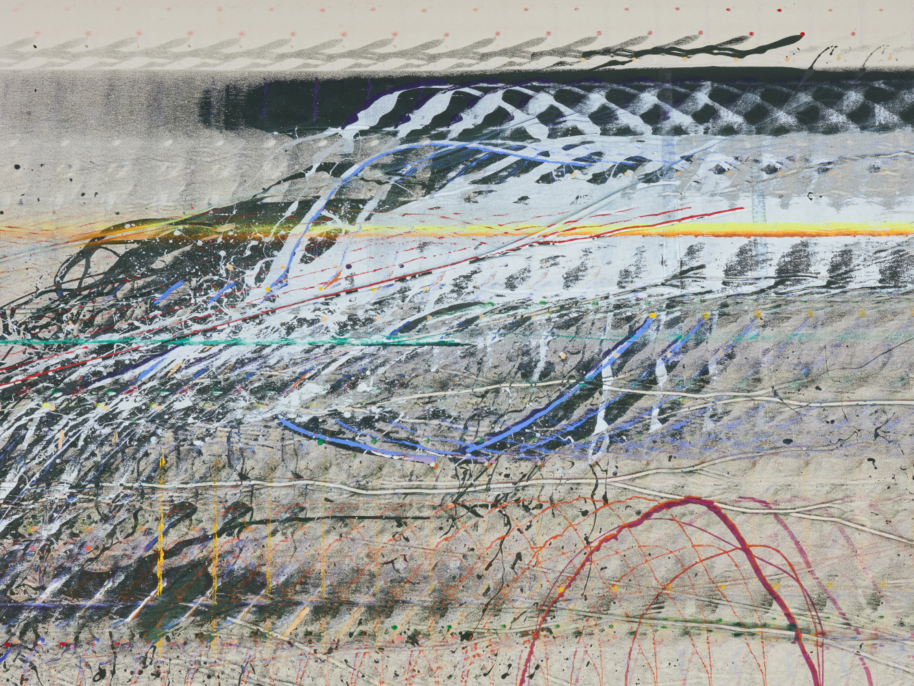 Emily Kraus
Agon (waveform),&amp;nbsp;2024 (detail)
Oil on canvas
114 1/8 x 255 7/8 inches
(290 x 650 cm)
Photo: Ollie Hammick