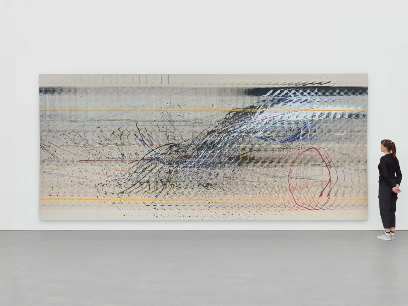 Emily Kraus
Agon (waveform),&amp;nbsp;2024
Oil on canvas
114 1/8 x 255 7/8 inches
(290 x 650 cm)
Photo: Ollie Hammick