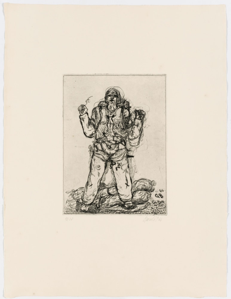 Georg Baselitz
Gr&amp;uuml;n &amp;ndash; Roter, 1966
Signed/Dated: 10/20; Baselitz 66
Etching and drypoint on zinc plate; on Richard de Bas laid paper
Image size: 12 1/2 x 9 3/8 inches (31.8 x 23.8 cm)
Paper size: 26 1/8 x 19 7/8 inches (66.4 x 50.5 cm)
Framed dimensions: 29 1/16 x 23 1/8 inches (73.8 x 58.7 cm)
&amp;copy; Georg Baselitz 2021
Photo: &amp;copy;&amp;nbsp;bernhardstrauss.com