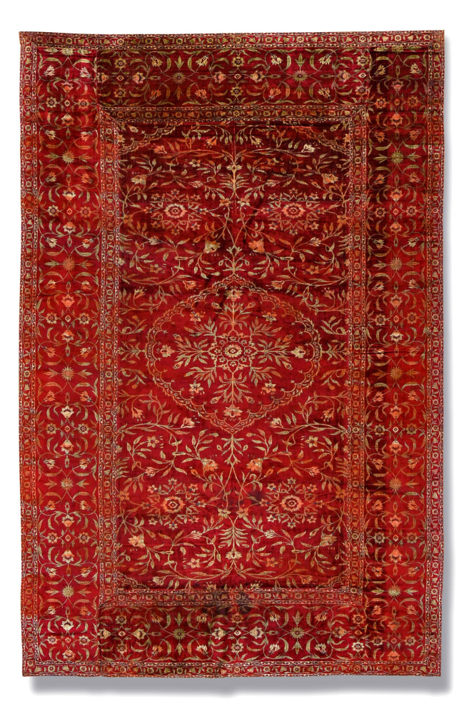 Floorspread with medallion pattern, woven for the Mughal court
Mughal, Gujarat, second half of the 17th century
Silk velvet, solid pile and pile-warp substitution
119 1/4 x 71 1/4 inches
(303 x 181 cm)