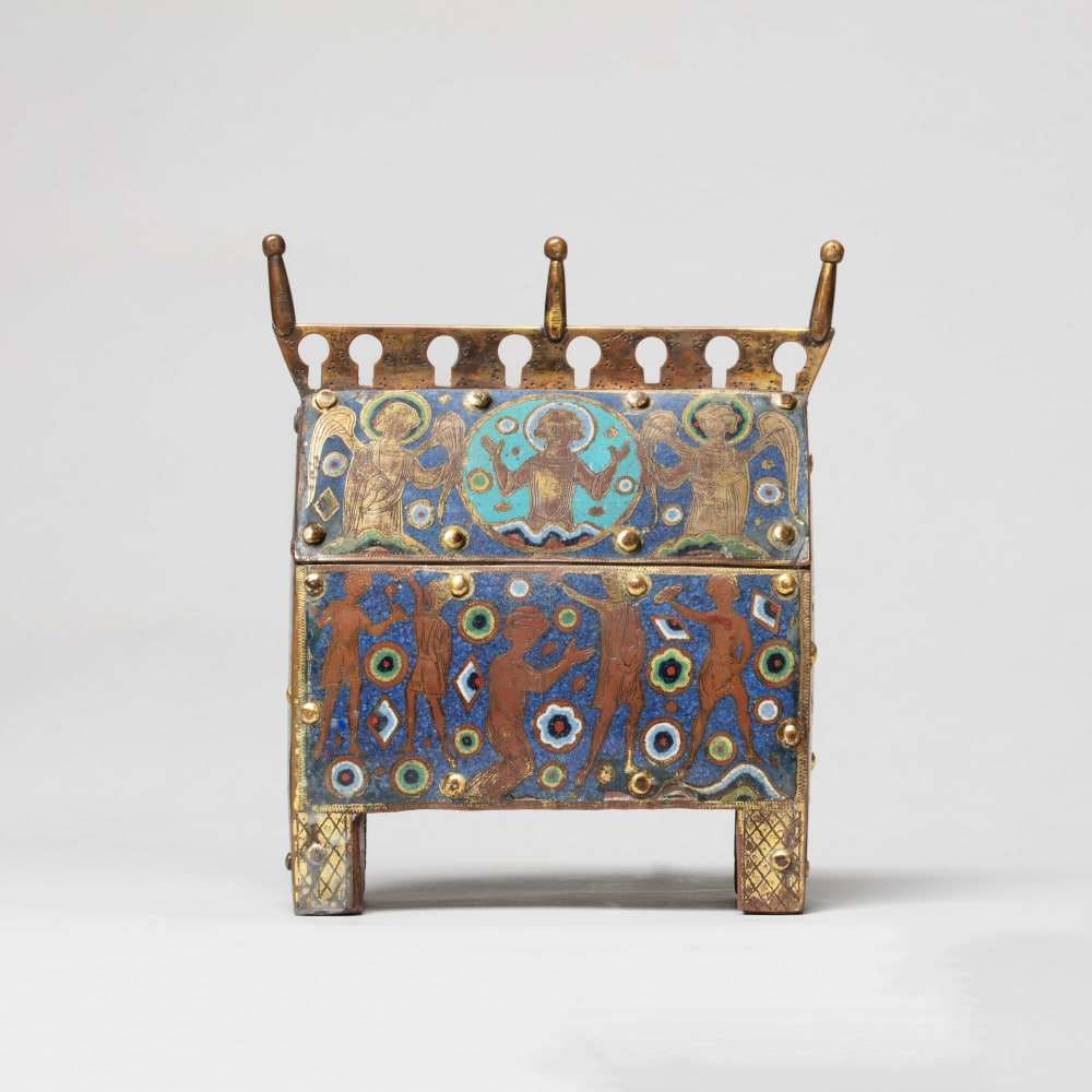 An enamelled casket showing the Martyrdom of Saint Stephen, c. 1210-1220
France, Limoges
Gilded copper alloy with champlev&amp;eacute; enamel over oak core
7 x 5 1/8 x 2 1/4 inches
(17.8 x 13 x 5.8 cm)