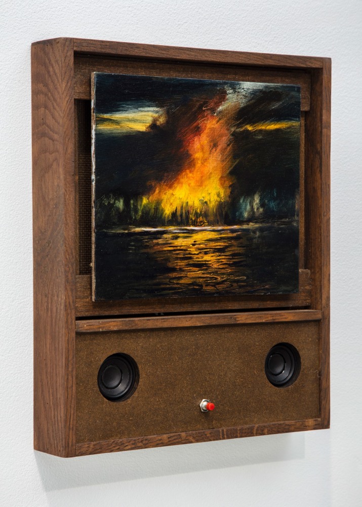 Janet Cardiff &amp;amp; George Bures Miller
Cabin Fire, 2021
Oil paint on board, walnut frame, mixed media and electronics
12 1/2 x 10 1/2 x 2 inches
(31.8 x 26.7 x 5.1 cm)