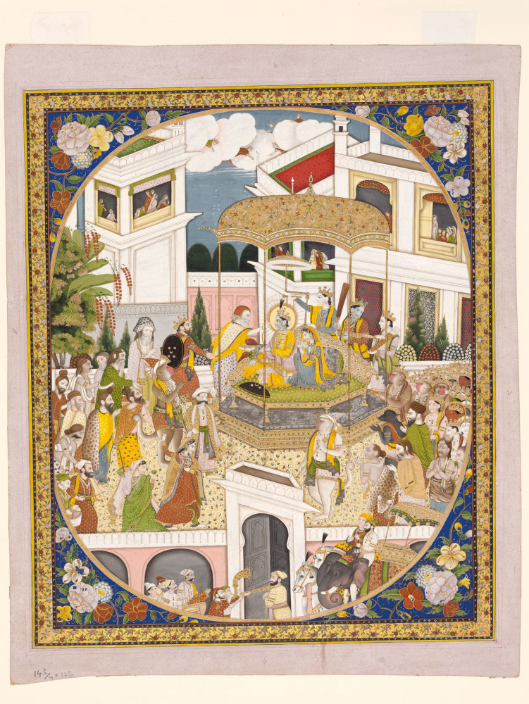 The Coronation of Rama, based on the description in the Yuddhakanda of the Ramayana, ch. 130, c. 1840
Mandi
Opaque pigments, with gold and silver on paper, within a gold oval border with white rules; spandrels decorated with large flowers against a blue ground; outer gilt border with a European style scrolling floral design with peonies; black and yellow rules
Folio: 20 1/8 x 16 3/8 inches (51.2 x 41.5 cm)
Painting: 17 3/4 x 14 5/8 inches (45 x 37 cm)