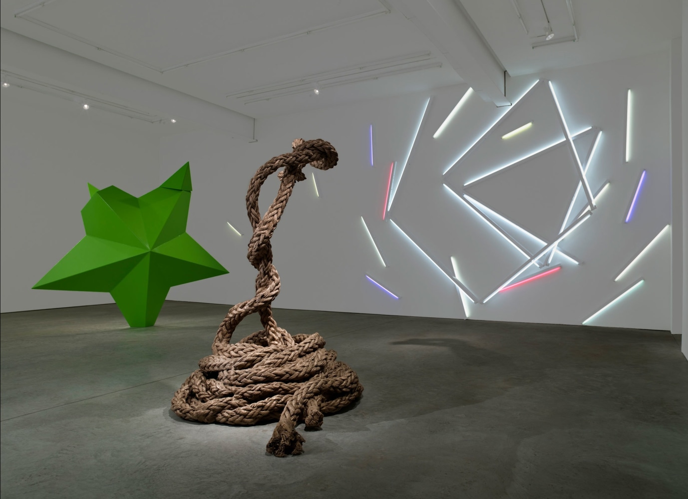 Mark Handforth
(From left to right)
Big Green Star, 2008, Steel polyurethane paint, 132 x 52 x 109 inches (335.3 x 132.1 x 276.9 cm)
RopeSnakes, 2008, Cast bronze, 96 x 60 x 90.5 inches (243.8 x 152.4 x 229.9 cm)
Tumbleweed, 2008, Fluorescent light and fixtures, 485 x 11 x 180 inches (1231.9 x 27.9 x 457.2 cm)

Installation view, Gavin Brown&amp;#39;s Enterprise, New York, March 1 &amp;ndash; March 29, 2008