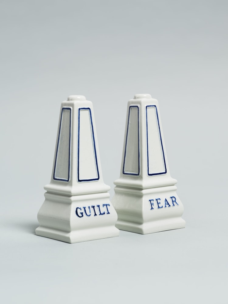 Ragnar Kjartansson
Guilt and Fear, 2022
Set of porcelain salt and pepper shakers
5 1/4 x 2 1/8 x 2 1/8 inches (13.3 x 5.4 x 5.4 cm) (each)