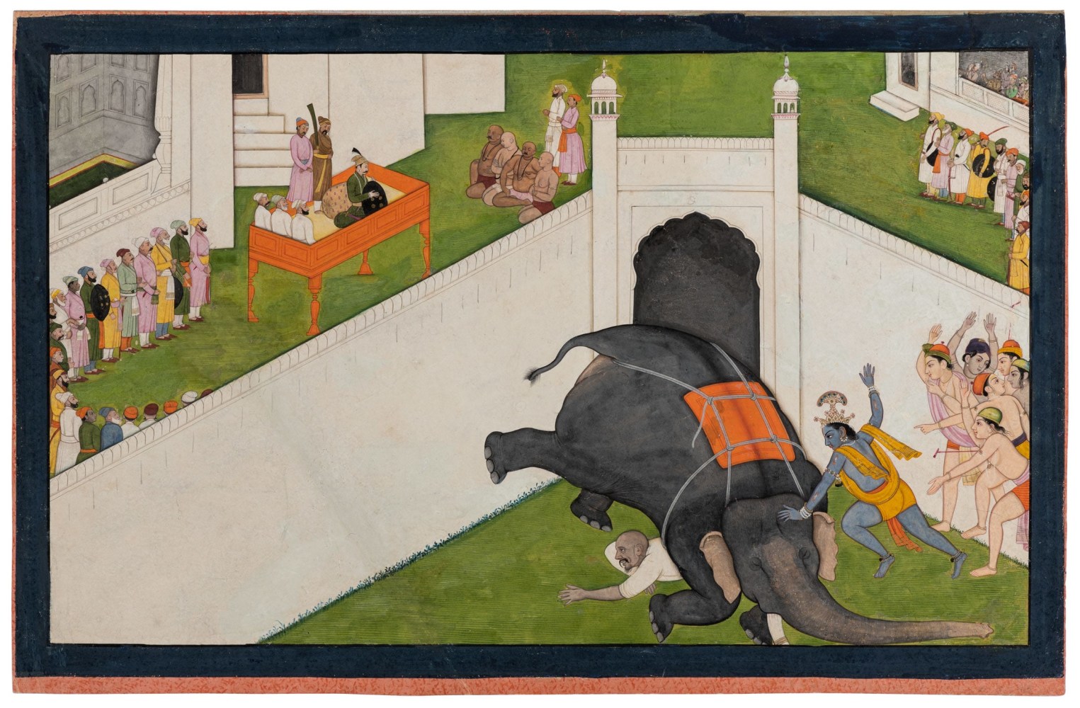 Krishna slays Kuvalayapida, 1765-70
Folio from the &amp;lsquo;Second Guler&amp;rsquo; or &amp;lsquo;Tehri-Garhwal&amp;rsquo; Gitagovinda
Master of the first generation after Manaku and Nainsukh of Guler
Tempera, opaque pigments on paper with gold pigment
Folio: 7 1/8 x 10 7/8 inches (18.1 x 27.7 cm)
Painting: 6 1/8 x 10 1/8 inches (15.3 x 25.7 cm)