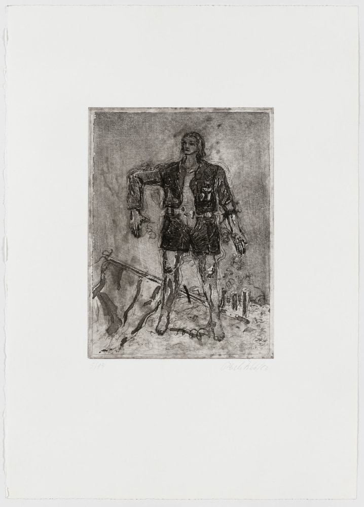 Georg Baselitz
Ohne Titel [Untitled], 1966, printed 1983
Signed/Dated: 5/15; G. Baselitz 66/83
Etching, drypoint, and aquatint on zinc plate; on Rives laid paper
Image size: 12 5/8 x 9 1/4 inches (31.9 x 23.5 cm)
Paper size: 24 5/8 x 17 1/2 inches (62.5 x 44.5 cm)
Framed dimensions: 28 5/8 x 20 3/4 inches (72.7 x 52.7 cm)
&amp;copy; Georg Baselitz 2021
Photo: &amp;copy;&amp;nbsp;bernhardstrauss.com