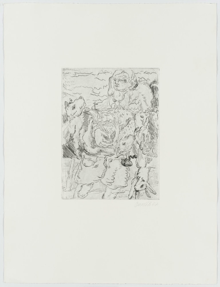 Georg Baselitz
Der J&amp;auml;ger [The Hunter], 1967
Signed/Dated.: Baselitz 67
Etching and drypoint on zinc plate; on copper printing paper
Image size: 12 3/8 x 9 1/4 inches (31.4 x 23.5 cm)
Paper size: 26 3/8 x 20 1/8 inches (67 x 51.1 cm)
Framed dimensions: 29 1/16 x 23 1/8 inches (73.8 x 58.7 cm)
&amp;copy; Georg Baselitz 2021
Photo: &amp;copy;&amp;nbsp;bernhardstrauss.com