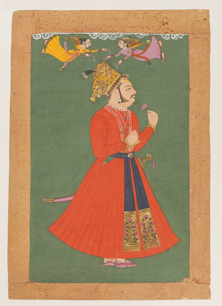 Portrait of Anand Singh, first Raja of Idar, c. 1730
Jodhpur artist at Idar
Opaque pigments with gold on paper
Folio: 10 5/8 x 7 1/4 inches (27.0 x 18.3 cm)
Painting: 9 1/8 x 5 3/4 inches (23 x 14.6 cm)