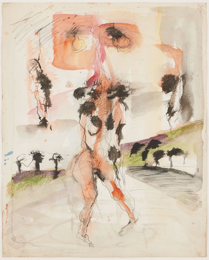 Lucia Nogueira
Coronation No. 7, 1984-86
Watercolor, pen, ink, gouache, wax crayon and pencil on paper
Sheet size: 19 3/4 x 16 inches (50.2 x 40.6 cm)
Frame size: 29 1/4 x 25 1/4 x 1 3/8 inches (74.3 x 64.1 x 3.5 cm)