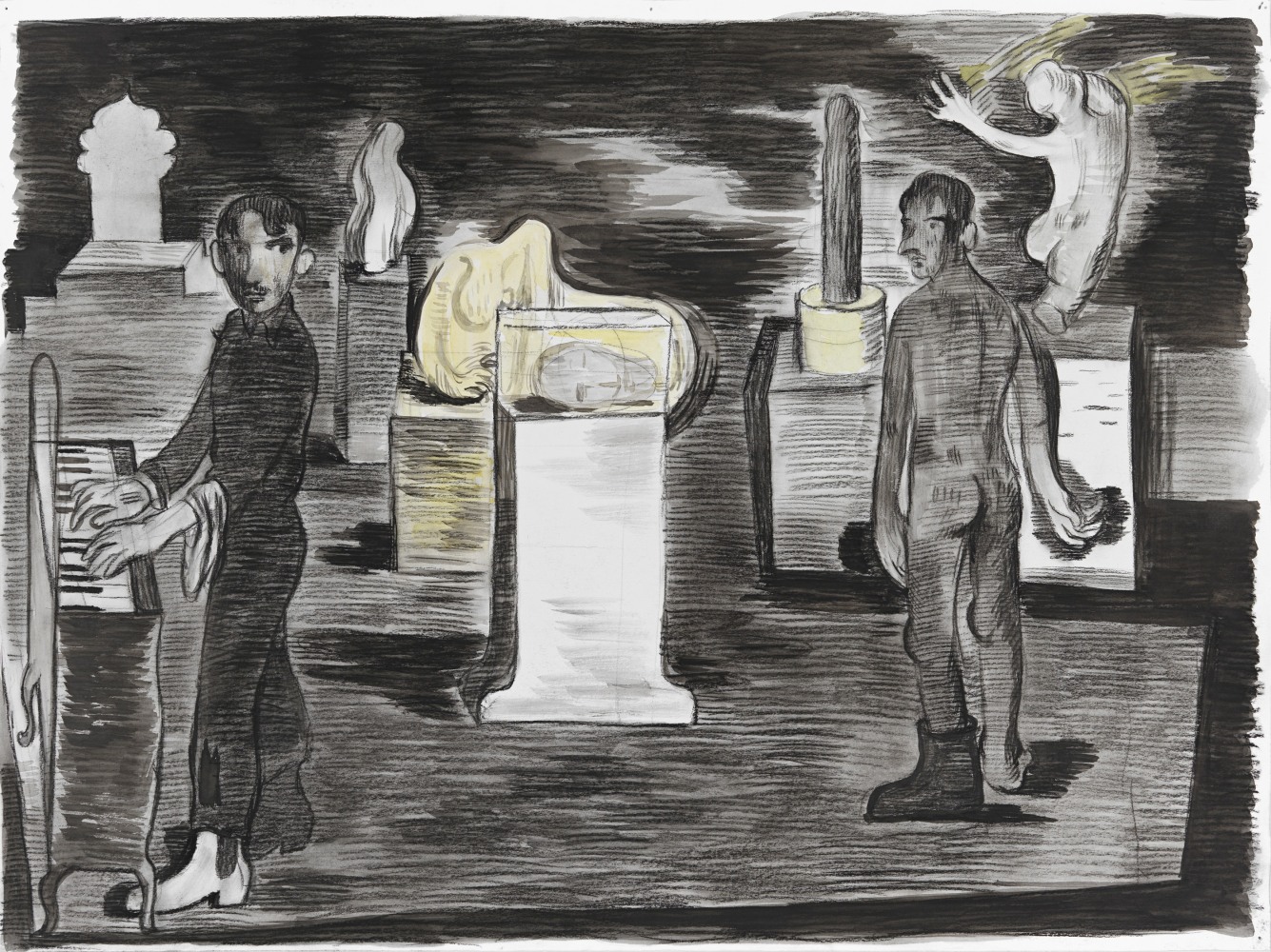 Salman Toor
Looking Back, 2024
Charcoal, ink, and gouache on paper
17 7/8 x 24 inches
(45.4 x 61 cm)
Framed: 21 x 27 inches
(53.2 x 68.4 cm)