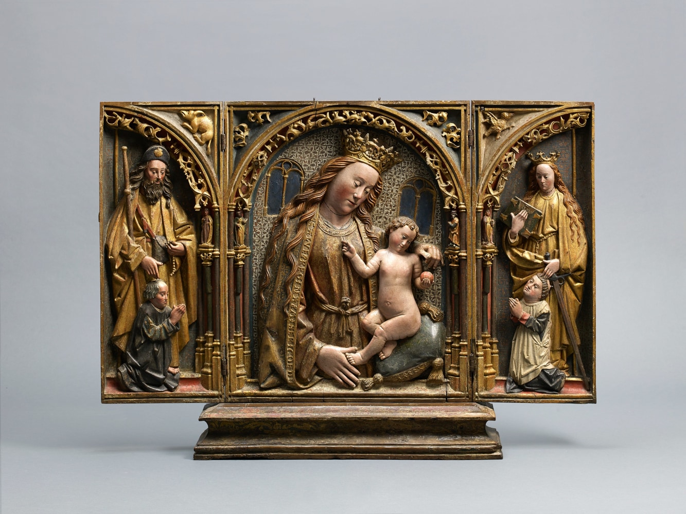 Sebasti&amp;aacute;n de Almonacid&amp;nbsp;(1460-1526) ?
Triptych of the Virgin and Child with Saints and Donors, c. 1500-20
Spain, Castile
Walnut with gilding and polychromy
28 3/4 x 45 x 5 1/8 inches (fully open)
(73 x 114.3 x 13 cm)