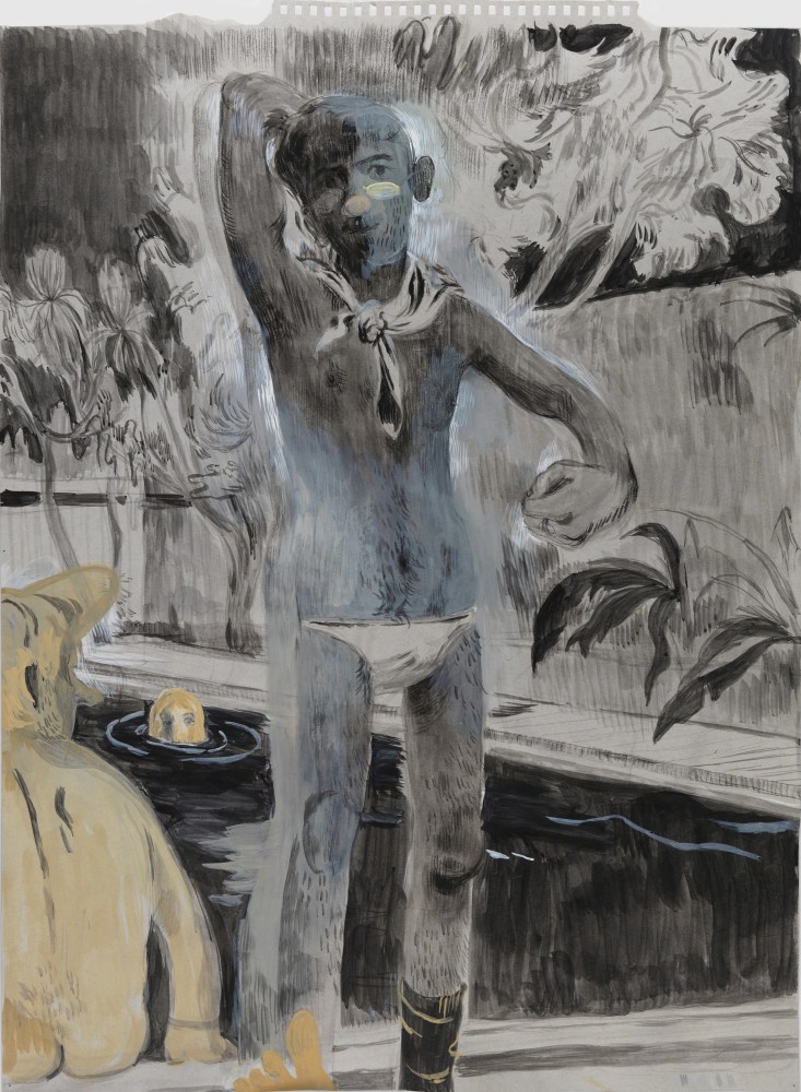 Salman Toor
Speedo, 2024
Charcoal, ink, and gouache on paper
24 3/8 x 17 7/8 inches
(61.9 x 45.4 cm)
Framed: 27 3/8 x 20 7/8 inches
(69.4 x 53 cm)