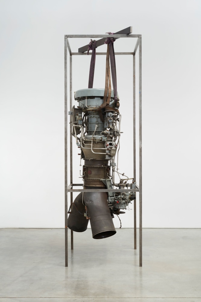 Roger Hiorns
Adolescent Torso, 2013
Steel, webbing, jet engine, brain matter, citalopram
106 x 35 1/2 x 35 1/2 inches
(269.24 x 90.17 x 90.17 cm)