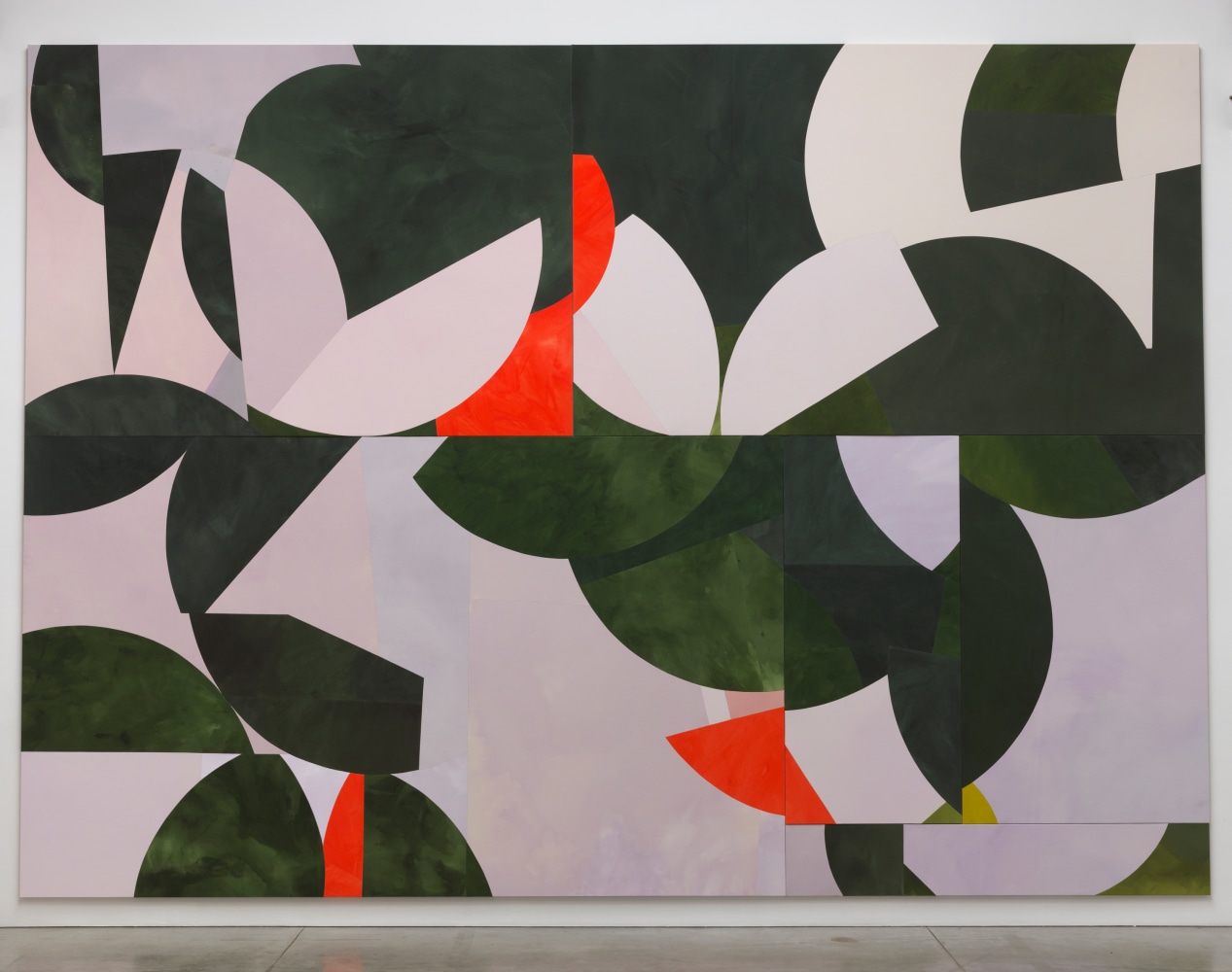 Sarah Crowner
Sliced Tropics, 2018
Acrylic on canvas, sewn
194 x 268 inches
(492.8 x 680.7 cm)
&amp;copy; Sarah Crowner; Courtesy of the artist and Luhring Augustine, New York. Photo: Genevieve Hanson
