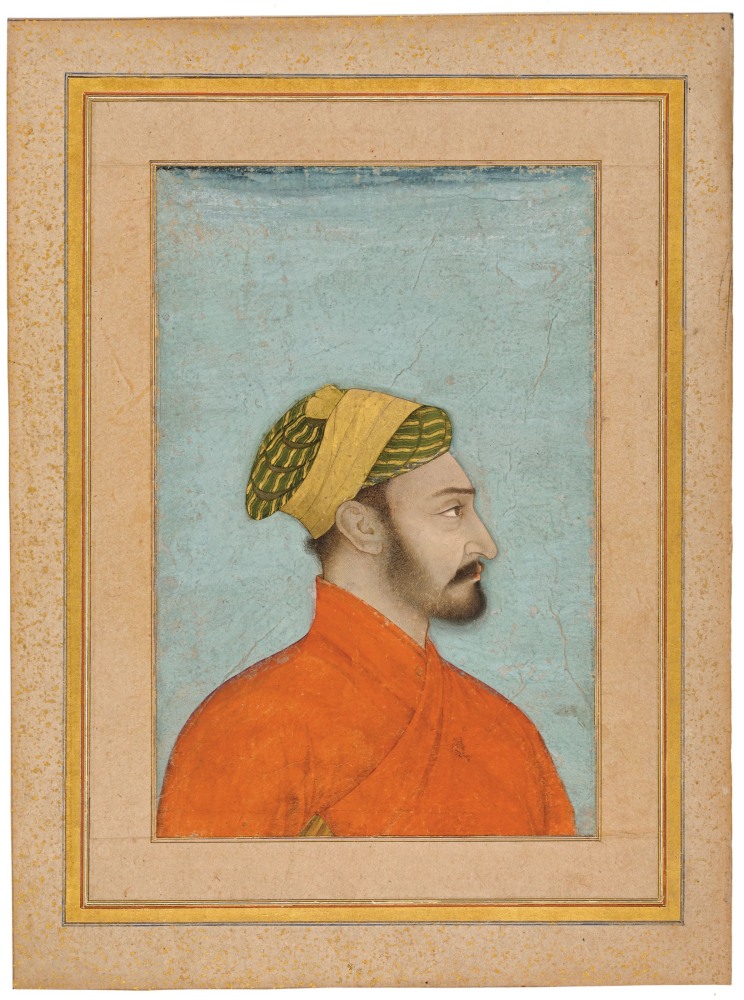 Bust portrait of a prince, probably Muhammad Sultan, the son of Aurangzeb, Imperial Mughal, probably by Hunhar, c. 1670
Laid down in an album page with calligraphy on the reverse
Opaque pigments with gold on paper
Folio: 12 1/2 x 9 1/4 inches (31.6 x 23.5 cm)
Painting: 8 5/8 x 5 5/8 inches (22 x 14.4 cm)