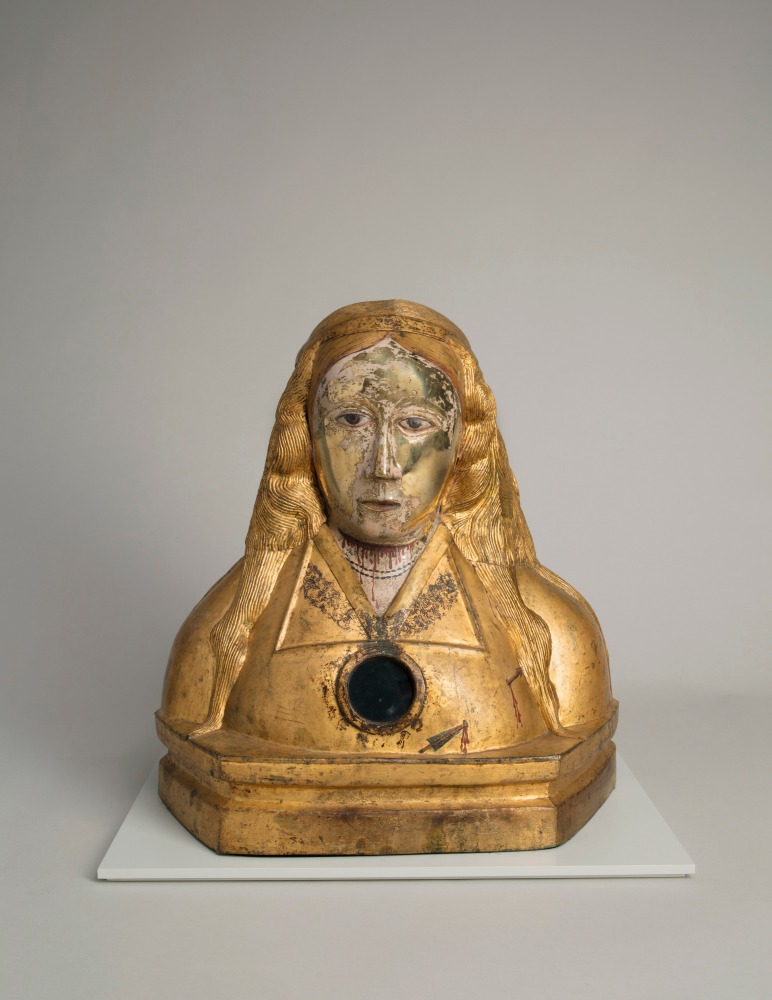 A gilded brass reliquary bust of a martyred female saint,&amp;nbsp;c. 1520
Southern Germany or Switzerland
Brass with gilding and polychromy
17 1/8 x 16 7/8 x 10 inches
(43.5 x 43 x 25.5 cm)